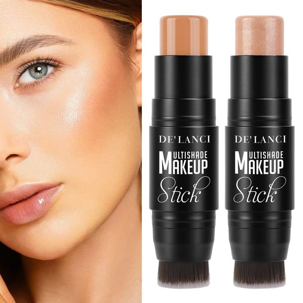 Highlighter Contour Stick Set,DE’LANCI 2 PCS Cream Contour Highlighter Sticks with Brush, New Updated Moisturize Highlighter and Bronzer Stick Makeup Kit, Face Contour Concealer Makeup For Mature Skin