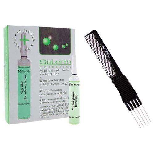 Salerm Cosmetics Vegetable Placenta Restructurer, Strengthens Hair, Prevents Thinning & Hair Loss, Contains Keratin (w/ Sleek Teasing Comb) (4 Phials of 0.44 oz (PACK OF 1))