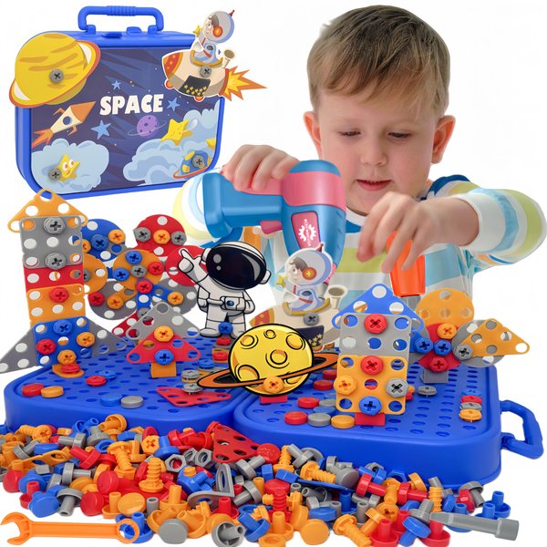 AquaArcc Drill Toy for Boys Age 4-8, 351pc Kids Montessori Construction Toy Electric Drill Toy with Fix Tool Box, Boys Toy Space Engineering Building Kits, Brithdaty for Boys 4 5 6 7 8 Years Old