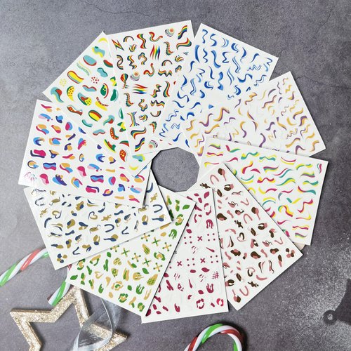 10 Sheets Rainbow French Nail Art Stickers Color Wave Line Design 3D Self-Adhesive Nail Decals Rainbow Graffiti Abstract Acrylic Nail Decoration for Women Girls
