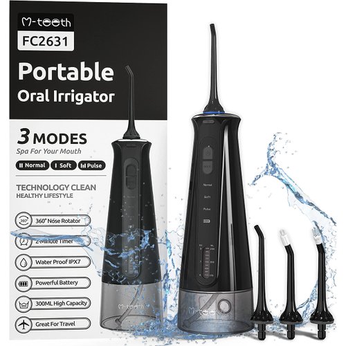 M-teeth Water Flosser Cordless, Dental Oral Irrigator with 3 Modes, 4 Jet Tips, Rechargeable Teeth Cleaner for Home Travel, Braces Care, 300ml Water Tank, IPX7 Waterproof, Black