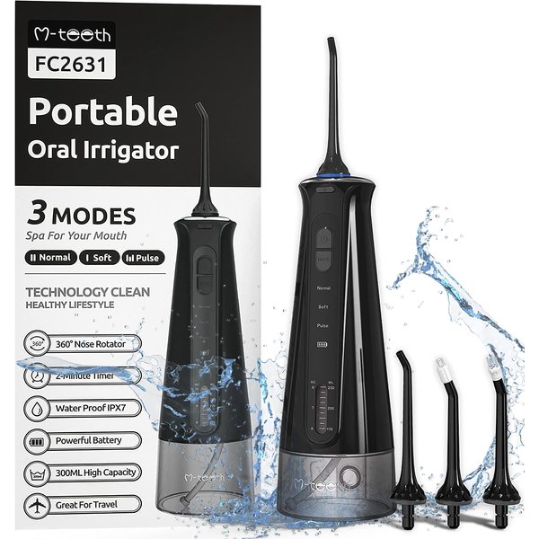 M-teeth Water Flosser Cordless, Dental Oral Irrigator with 3 Modes, 4 Jet Tips, Rechargeable Teeth Cleaner for Home Travel, Braces Care, 300ml Water Tank, IPX7 Waterproof, Black