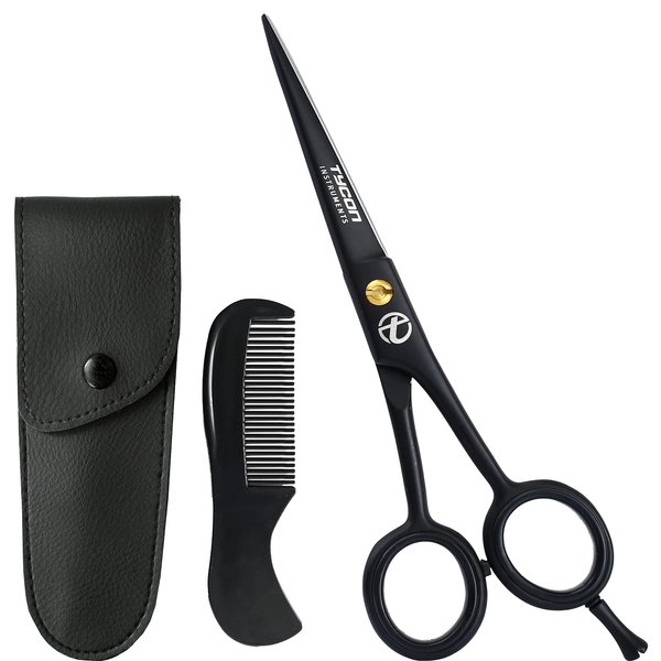 Tycon Instruments 5.0 Mustache & Beard Scissors for men (Black) with leather Carrying Pouch & Comb - Premium facial beard grooming kit for trimming, styling & cutting of Mustache