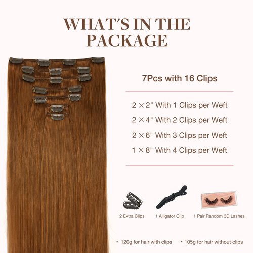 GOO GOO Clip in Hair Extensions Real Human Hair, 18inch 120g 7Pcs, 350 Copper, Remy Human Hair Extensions Clip ins for Women, Natural Human Hair