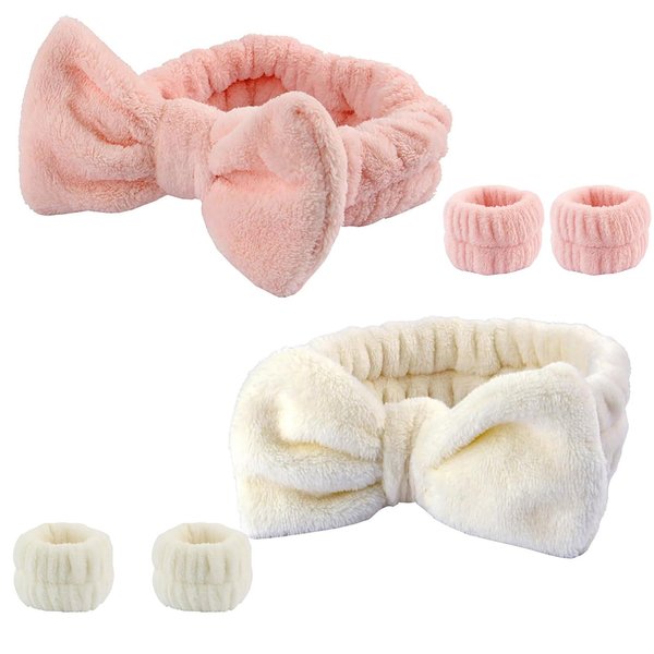 6 Pcs Face Wash Headband Wristband Set for Women Girls, SPA Wrist Towels Washing, Soft Microfiber Facial Hair Wraps, Makeup Skincare Head Band, Skin Care Arm Bands, Women's Headbands（Pink Beige）