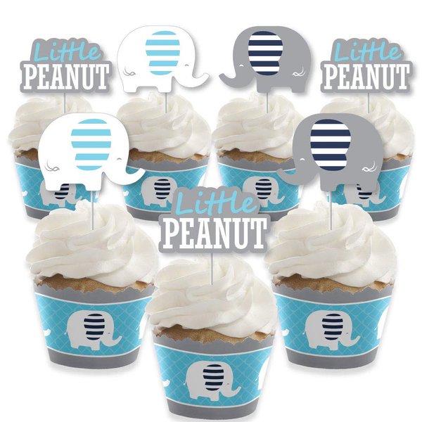 Blue Elephant - Cupcake Decoration - Boy Baby Shower or Birthday Party Cupcake Wrappers and Treat Picks Kit - Set of 24