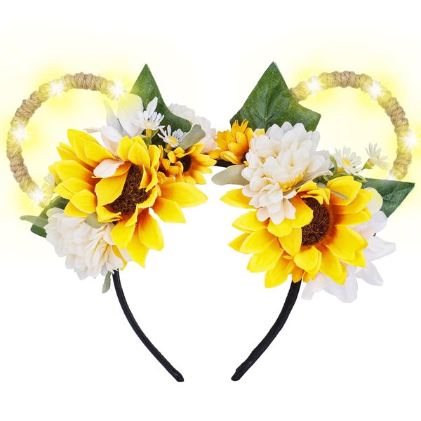 VISSTREE Orange Yellow Sunflower Twine Mouse Ears Headband with Led Light Up - Autumn Headdress for Adult Women Girls's Party Amusement Park Photoshoot