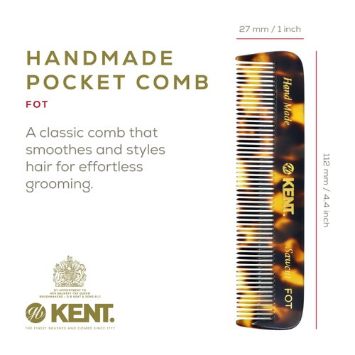 Kent FOT TY Fine Tooth Comb - Beard Comb-Handmade Travel Pocket Comb - Styling Small Comb - Hair Comb for Fine or Thinning Hair-Mustache and Beard Care, Hair-Essential Comb for Kent Beard Kit