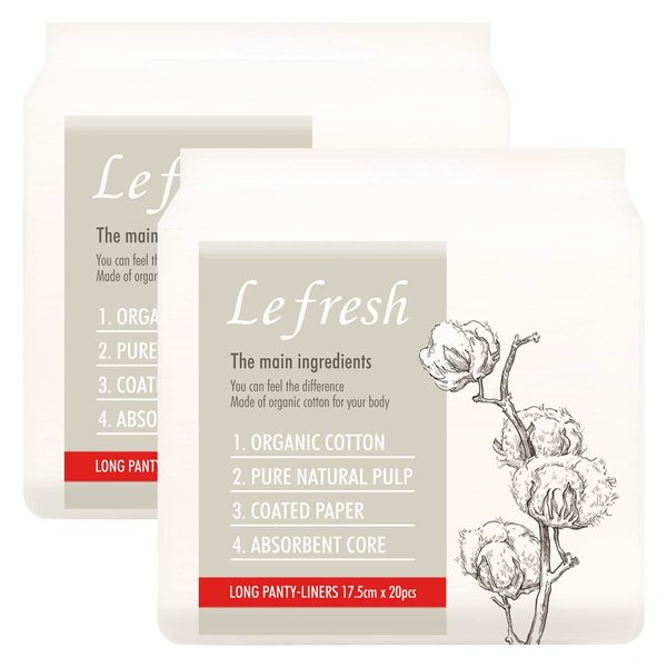 Lefresh Organic Cotton Cover Panty Liners | Long,40 Count | Unscented - Vegan - Chlorine Free - Daily Feminine Pads - Light Absorbency