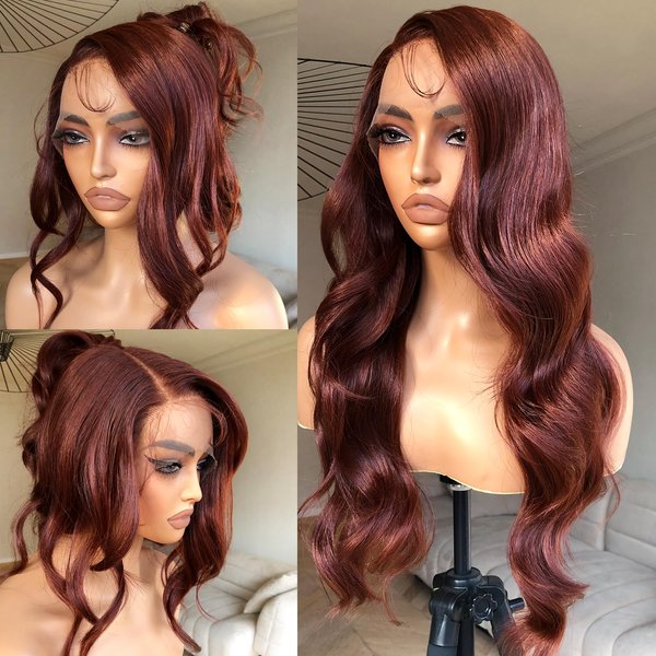 BrownBomb Reddish Brown Lace Front Wigs Natural Hair Luster, Reddish Brown Wig Body Wave Lace Front Wig Pre Plucked Glueless Lace Front Synthetic Wig for Women, 13X5X1 Side Part Bombshell Wig