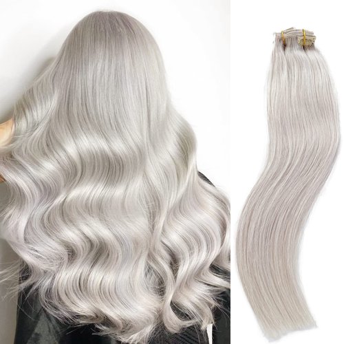 Platinum Sliver Hairpieces with Clips,OiMiGO Clip in Human Hair Extensions, Human Hair Sliver 70g 5pcs 20inch for Woman Beauty & Fashion Soft 10A Human Hair Straight Hair Extension (#Sliver,20Inch)