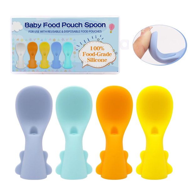 Silicone Baby Spoons & Squeeze Pouch Feeder Attachments Topper: Easy-Clean, Leak-Proof Spoon for Infant Food, Ideal for Diverse Food Pouches, Suitable for 3+ Months Babies 4-Pack