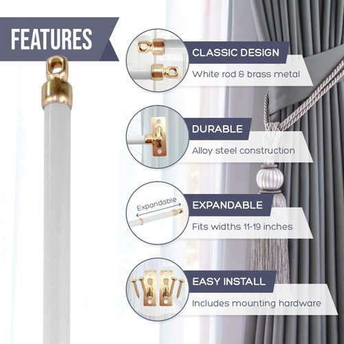 Amazing Drapery Hardware White Swivel Sash Curtain Rods with Brass Ends, Set of 2 (Hardware Included) - Adjustable Length 11-19 Inches, Easy to Install Metal Rods for Doors, Windows, and Sidelights