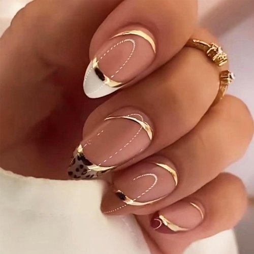 Bellelfin 24Pcs Almond French Tip Press on Nails, Full Cover Medium Almond Fake Nails Glossy False Nails with Designs Glue on Acrylic Nails for Women Girls Fingernails Decor