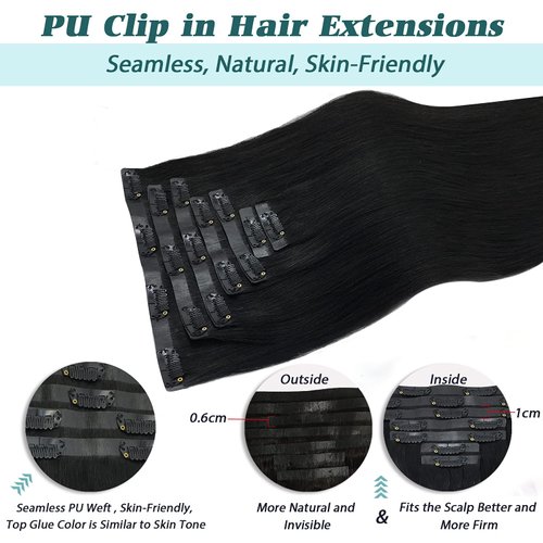 GOO GOO Clip in Hair Extensions Real Human Hair, 22inch 150g 7Pcs, 1 Jet black, Remy Human Hair Extensions Clip ins for Women, Natural Human Hair