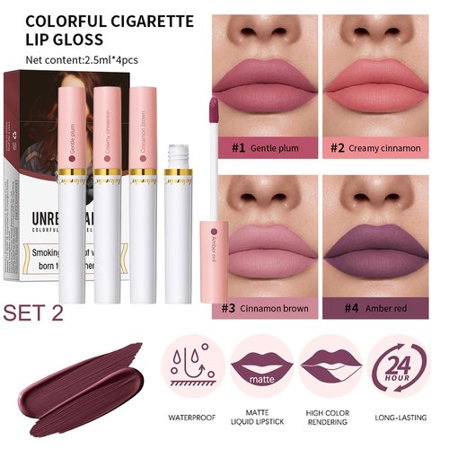 Qifylmaf 4 Colors Lipstick, Matte Liquid Lip Gloss Set, Long Lasting & Waterproof Natural Tube Red Lip Gloss Ingredients & Non-Sticky Lip Tint (Set B)