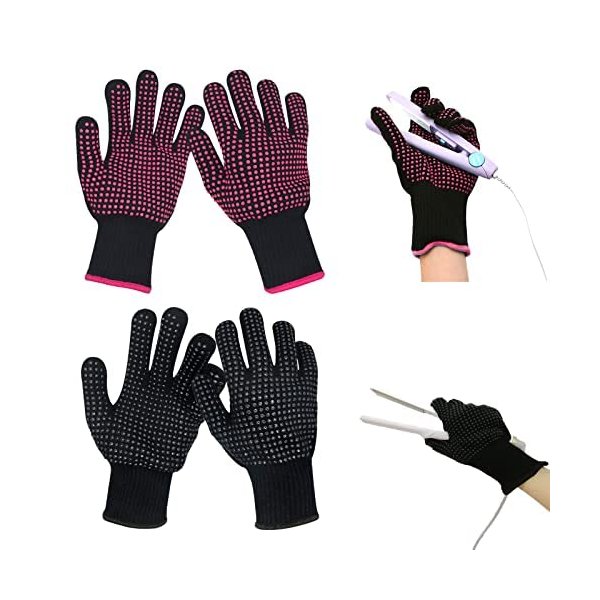 SiaCroly 2 Pairs Heat Resistant Gloves With Silicone Bumps, Professional Heatproof Glove, Heat Protection Mitts for Hair Tools Flat Iron and Curling Wand