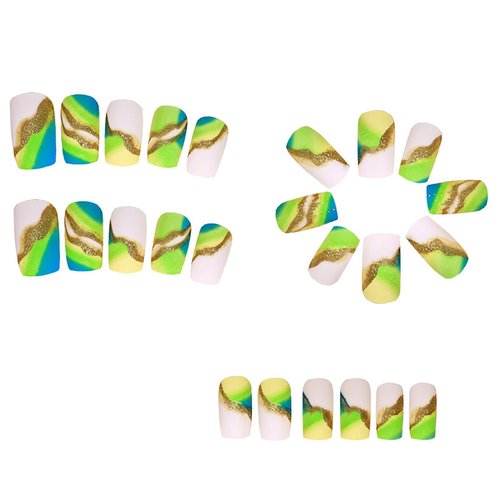 Press on Nails Short Square Fluorescent Green Design False Nails Gold Lines Full Cover Reusable Fake Nails Gradient French Artificial Acrylic Nails Medium Glossy Coffin Nails Glue on Nails for Women