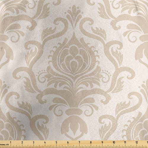 Lunarable Victorian Fabric by The Yard, Curlicues with Floral Ornaments Rococo Pattern Leaves Damask Inspired Nude Tones, Decorative Satin Fabric for Home Textiles and Crafts, 1 Yards, Cream Tan