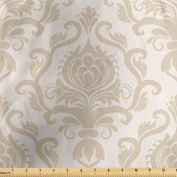 Lunarable Victorian Fabric by The Yard, Curlicues with Floral Ornaments Rococo Pattern Leaves Damask Inspired Nude Tones, Decorative Satin Fabric for Home Textiles and Crafts, 1 Yards, Cream Tan