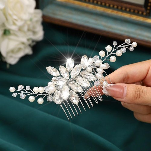 Latious Crystal Bride Wedding Hair Comb Silver Pearl Bridal Hair Pieces Rhinestones Hair Clip Prom Hair Accessories for Women and Girls