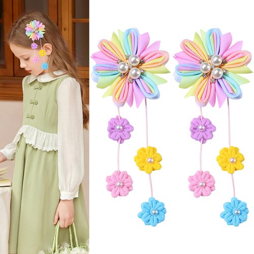 Colorful Flower Hair Clips Cute Flower Tassels Hair Clip White Pearl Jewel Hairgrips Design Spring Summer Floral Bow Alligator Clips Hair Decoration for Women Girl 2Pcs (Colorful flower tassels)