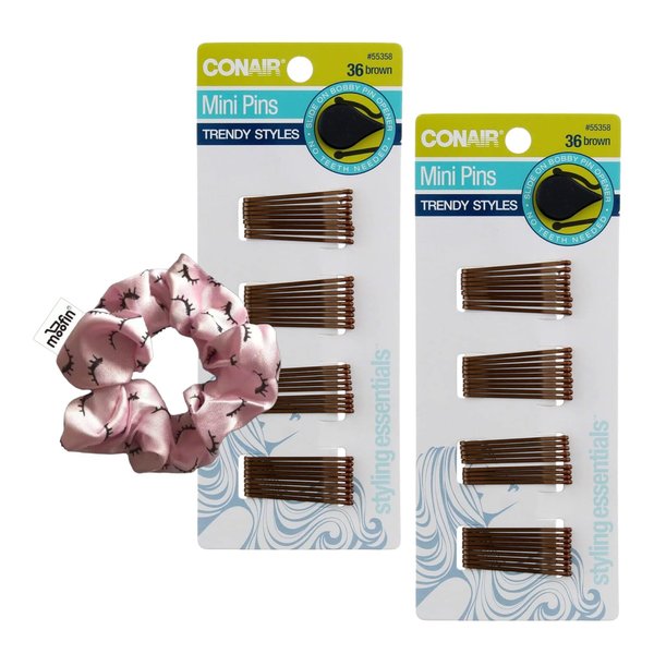 Mini Bobby Pins For Brown Hair, 0.5 Inch, Secure Hold, Blend With Natural Shades, Pack Of 72 With Moofin Hair Tie Â€“ Durable Metal Alloy, Silicone Grip, Ideal For Styling & Updos [Pack Of 2]