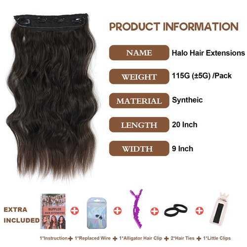 BUPPLER Halo Hair Extensions 20 Inch Invisible Wire Hair Extensions Adjustable Long Wavy Hair Extensions Synthetic Upgrade 4 Secure Clips in Hairpieces 20 Inch,Dark Brown