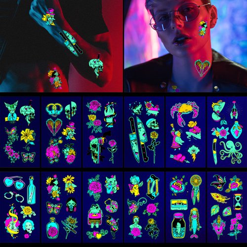 Glow in the Dark Tattoos, ACSAUMMY 12 Sheet Neon Tattoos Makeup Fake Tattoos Rave Festival Accessory UV Temporary Tattoos for Women Men Face Arm Body Blacklight Butterfly Tattoos Adult Party Supplies