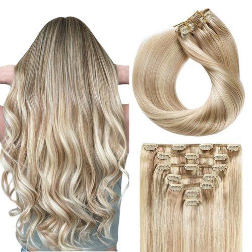 SUYYA Clip in Hair Extensions Real Human Hair 7 Pcs Human Hair Clip in Extensions Straight Remy Human Hair Extensions Clip ins for Women 14 Inch #P18/613 Ash Blonde Highlighted Bleach Blonde 70G