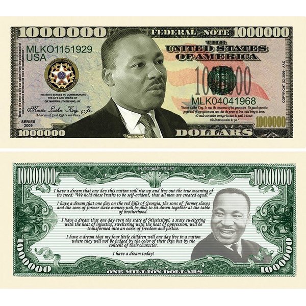 25 Martin Luther King Jr. Million Dollar Bills with Bonus “Thanks a Million” Gift Card Set