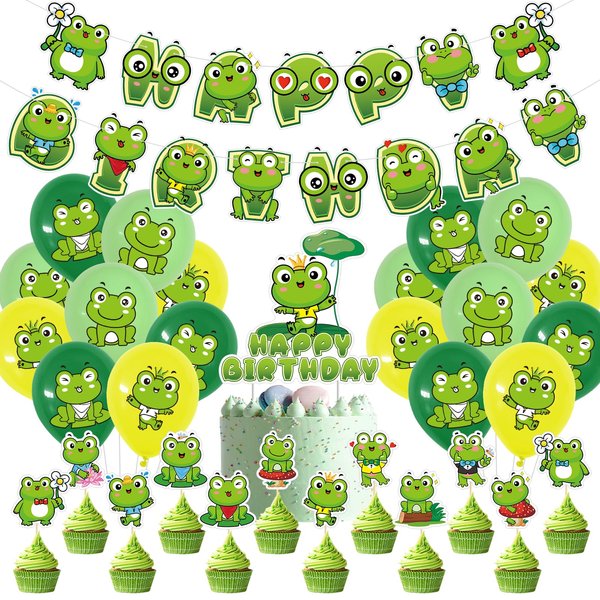 Spring Frog Themed Birthday Party Supplies Safari Birthday Decorations Set with Happy Birthday Banner, Cupcake Toppers, Balloons for Boys Girls Woodland Themed Party Decor