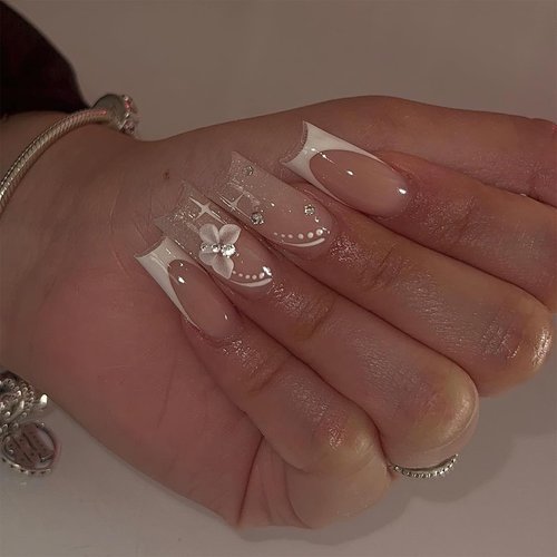 Mkwntg French Tip Press on Nails Medium Square Fake Nails Glossy Full Cover False Nails with Butterflies Rhinestones Designs Cute White French Tip Full Cover Glue on Nails for Women Girls 24Pcs