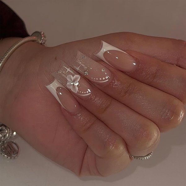 Mkwntg French Tip Press on Nails Medium Square Fake Nails Glossy Full Cover False Nails with Butterflies Rhinestones Designs Cute White French Tip Full Cover Glue on Nails for Women Girls 24Pcs
