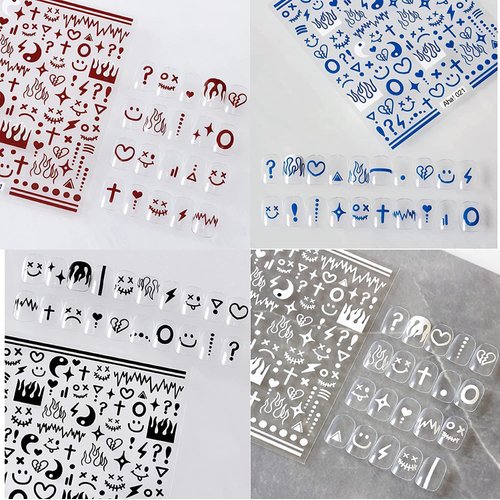 4 Sheets Klein Blue Flame Smile Face Nail Art Sticker Decals ins Minimalist Style Klein Blue Nail Art Sticker Impressionist Lines Star Smile Face for Men and Women Nail Art Decoration (4 Colors)