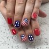 Short Fake Nails 4th of July Press on Nails Independence Day False Nails with American Flag Design Red White Blue Acrylic Nails Full Cover Glossy Stick on Nails Star Line Glue on Nails for Women Girls