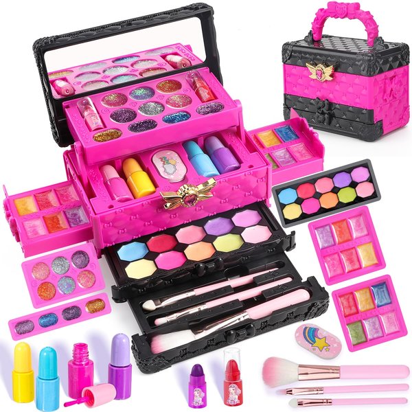 IMAGICTOWN Kids Makeup Kit, Princess Style Real Washable Cosmetics Set with Mirror, Ideal for Girls Aged 3-12 as Birthday Gifts (Purple)