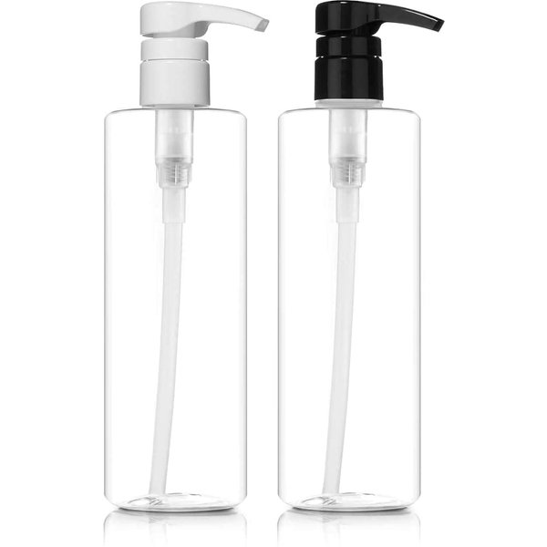 Bar5F Plastic Lotion Bottles with Black & White Pumps, 16 oz | Leak Proof, Empty Clear Cylinder, Refillable, BPA Free for Shampoo, Moisturizer, Face Cream, Liquid Hand Soap | Pack of 2