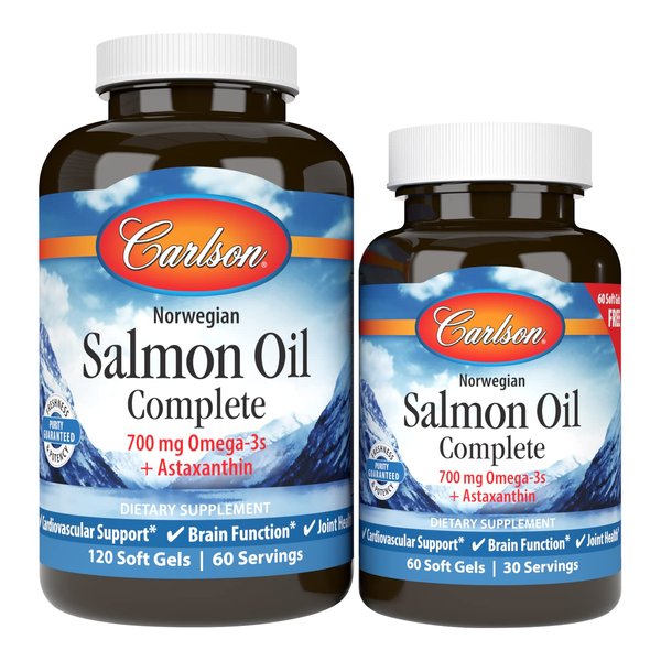 Carlson - Salmon Oil Complete, 700 mg Omega-3s + Astaxanthin, Norwegian, Heart, Brain & Joint Health, 120+60 Softgels