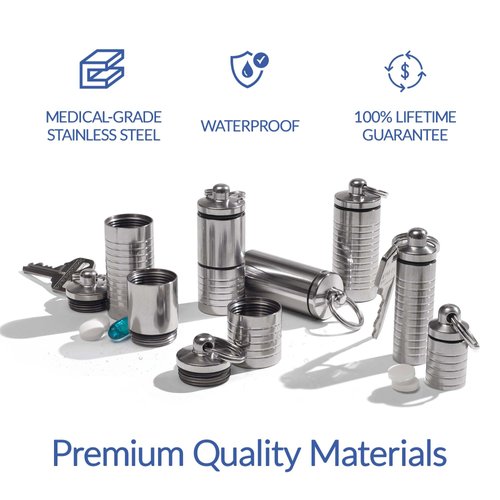 Cielo Pill Holders - Extra-Small Nitroglycerin Keychain Pill Holder, Made in USA Stainless Steel Pill Keychain Container, Waterproof Pill Case, Stores 7 Nitro Pills