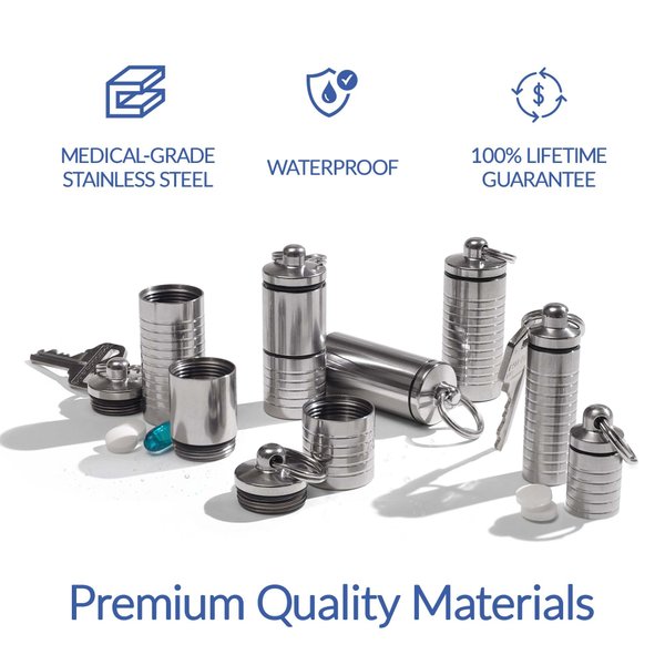 Cielo Pill Holders - Extra-Small Nitroglycerin Keychain Pill Holder, Made in USA Stainless Steel Pill Keychain Container, Waterproof Pill Case, Stores 7 Nitro Pills
