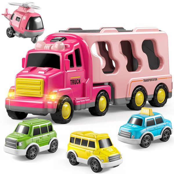 TEMI Girls Toddler Truck Toys for 3 4 5 6 Year Old Girls, 5-in-1 Friction Power Vehicle Car Toy for Toddlers 3-6, Carrier Toys for Kids 3-5, Christmas Birthday Gifts for Girls Age 3-9