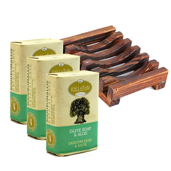Kalliston, Sensitive and Dry Skin Soap Collection, Made in Ancient Crete, Greece, Pack of 3 with Soap Dish (Aloe)