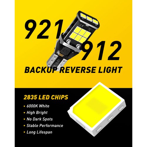 AUXITO 912 921 LED Bulb for Backup Light Reverse Lights High Power 2835 15-SMD Chipsets Error Free T15 906 922 W16W Bulbs, 6000K White (Upgraded, Pack of 2)