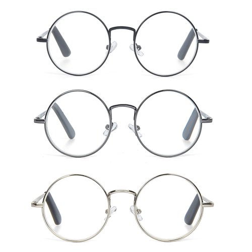 EYE ZOOM 3 Pack Metal Frame Round Reading Glasses with Spring Hinge (Black, Silver and Gunmetal, +1.75 Strength)
