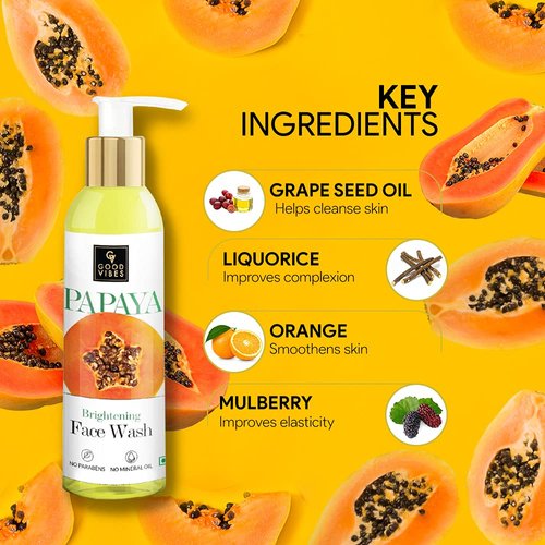 Good Vibes Papaya Brightening Face Wash | Radiant Glowing Moisturizing Anti Ageing Pore Cleansing Face Cleanser For All Skin Types | Natural, No Parabens & Mineral Oil (200 ml/6.76 Fl Oz)
