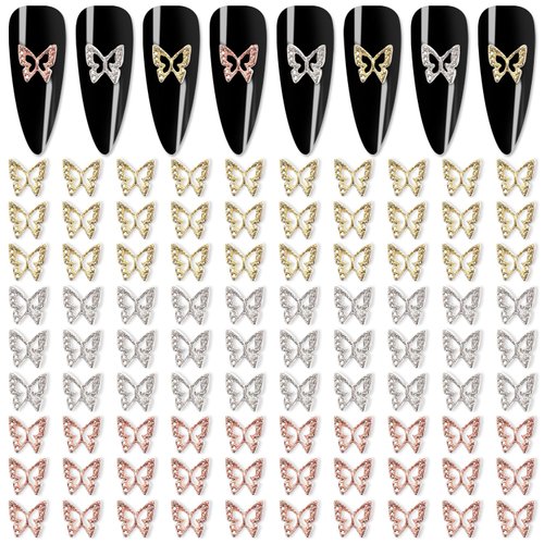 YECIRALA 90 Pieces 3D Butterfly Nail Charms for Nail Art 3D Butterfly for Nails Gold Silver Rose Gold Butterfly Charms for Acrylic Nails Craft Accessories for Women Girls Nail Jewelrys Decorations