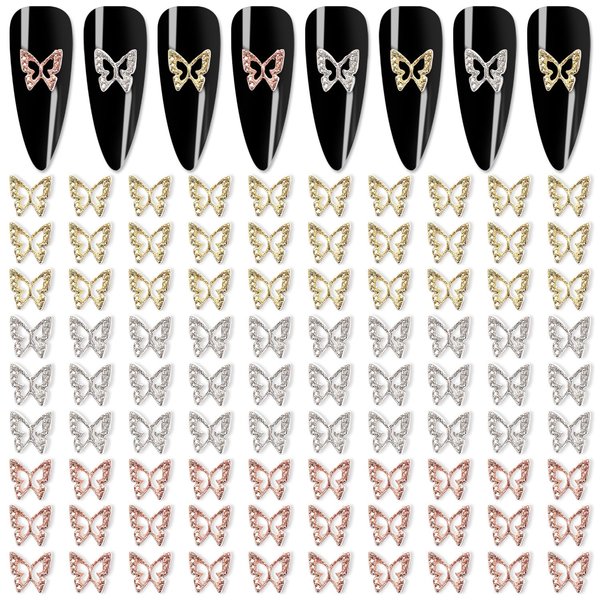 YECIRALA 90 Pieces 3D Butterfly Nail Charms for Nail Art 3D Butterfly for Nails Gold Silver Rose Gold Butterfly Charms for Acrylic Nails Craft Accessories for Women Girls Nail Jewelrys Decorations