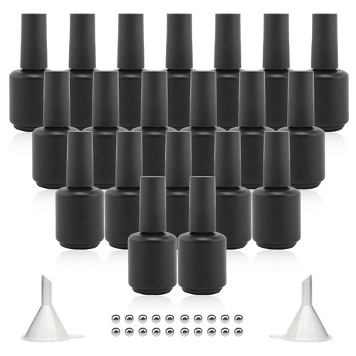 Agidea Empty Gel Nail Polish Bottles, 15ML Empty Nail Polish Bottles with Brush, Opaque Round Refillable Fingernail Polish Bottles UV Safe with Mixing Balls & Funnels, Pack of 20 (Matte Black)