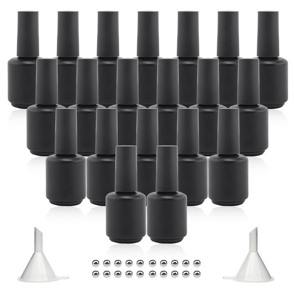Agidea Empty Gel Nail Polish Bottles, 15ML Empty Nail Polish Bottles with Brush, Opaque Round Refillable Fingernail Polish Bottles UV Safe with Mixing Balls & Funnels, Pack of 20 (Matte Black)